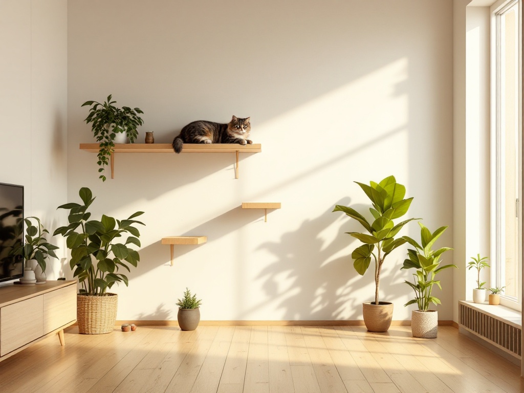 壁面のキャットウォークでくつろぐ猫がいる、自然光の入る明るいリビング