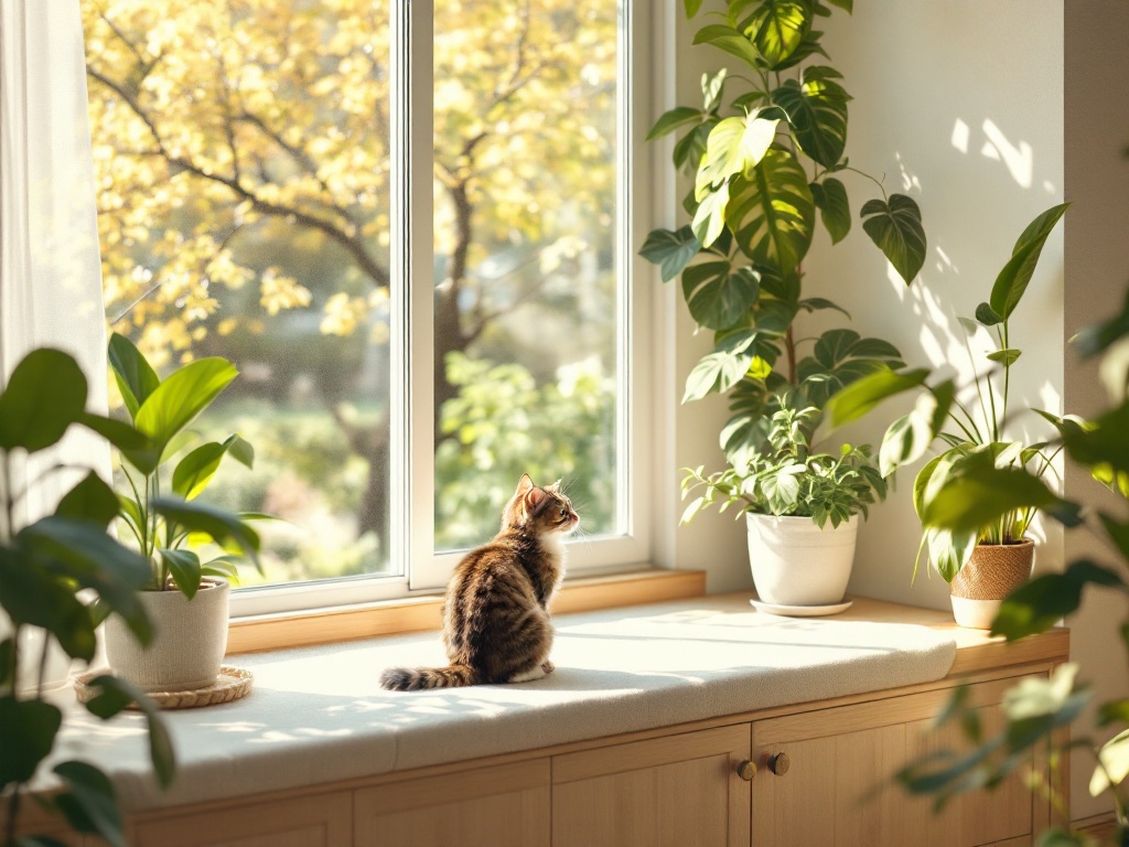 日当たりのよい窓辺のベンチで外を眺める猫。日向ぼっこができる猫と暮らす家