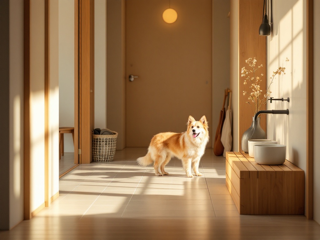 ガレージから室内へつながる土間の玄関。足洗い用の水栓とベンチの横に犬が立つ
